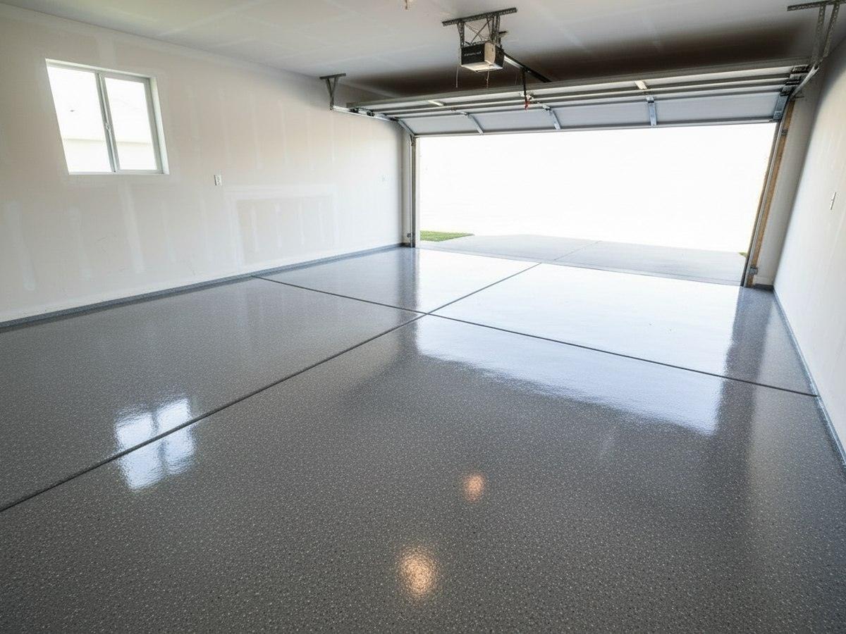 The same garage floor finished with a smooth, glossy epoxy coating