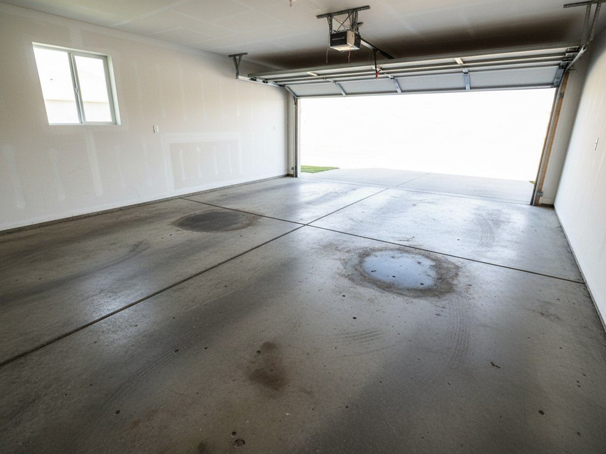 A worn, oil-stained, cracking bare concrete garage floor before an epoxy coating