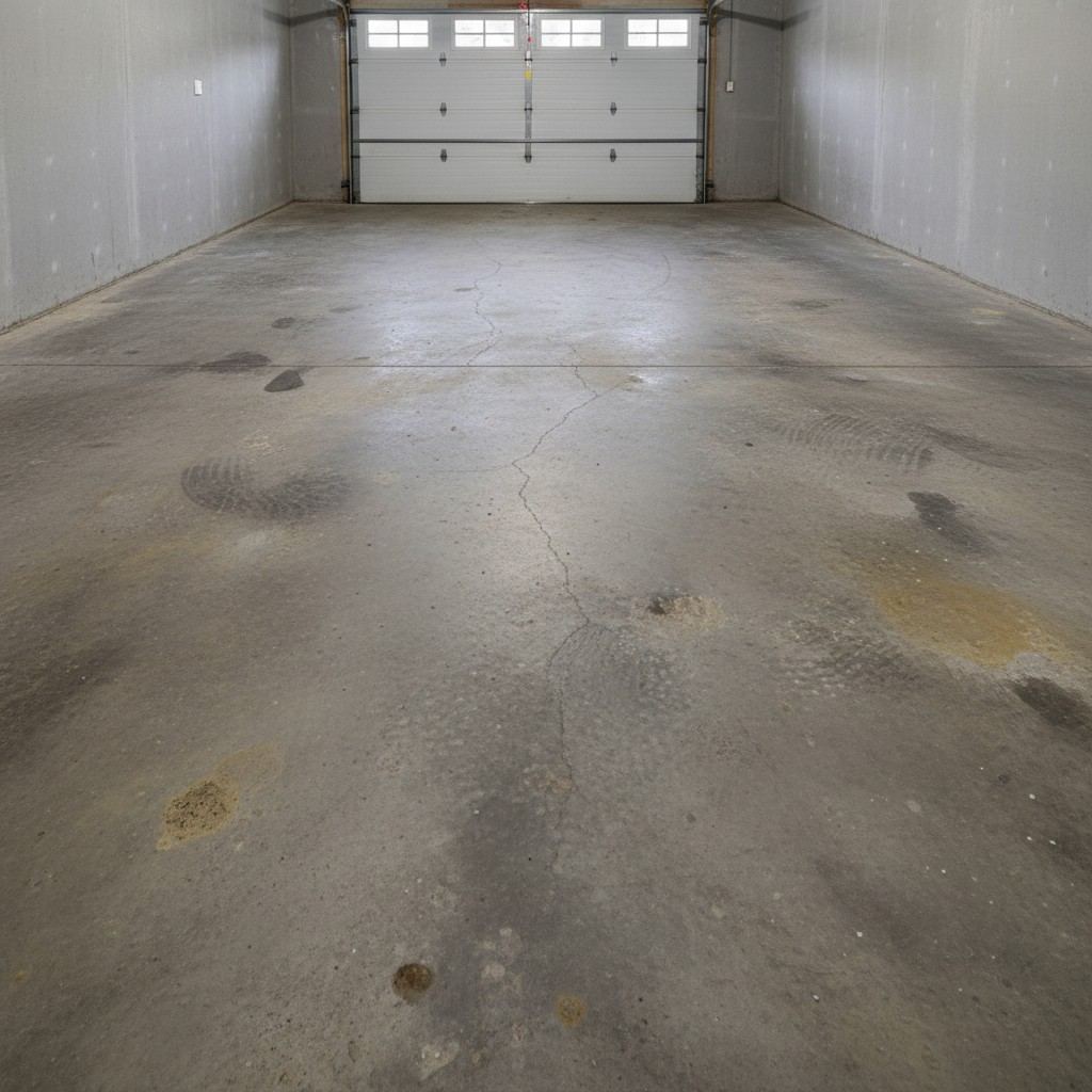 Worn, oil-stained bare concrete floor before metallic epoxy, Boise Idaho
