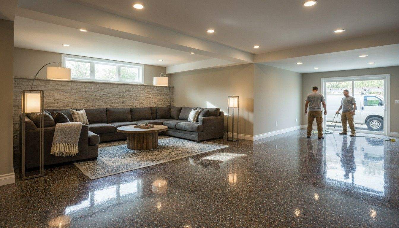 A finished, polished epoxy basement floor in a Boise home