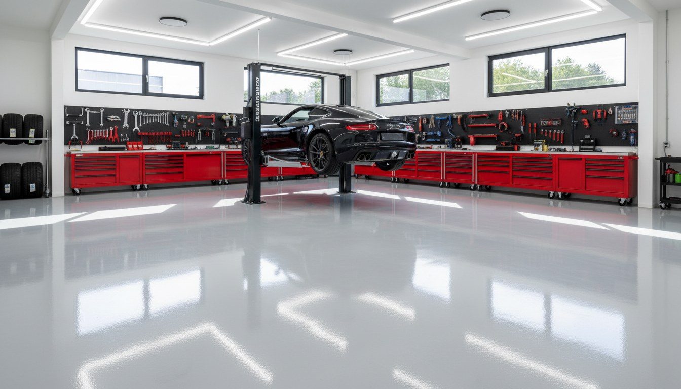 Auto repair shop epoxy floor with chemical-resistant finish