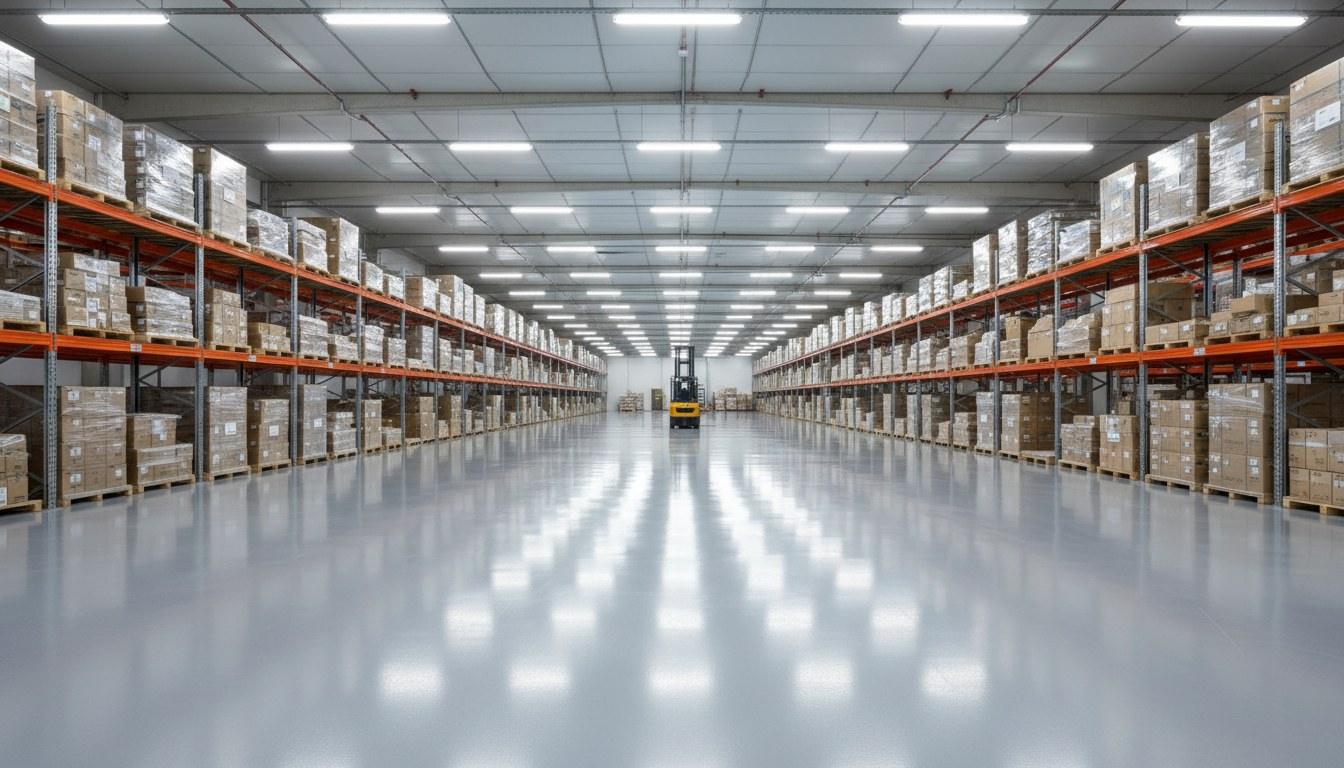 Commercial warehouse epoxy floor with high-build coating
